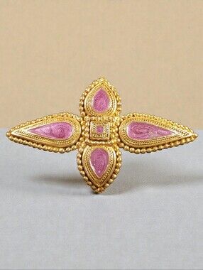 Gold-Tone Pink Enamel Cross Brooch - Designer Style
